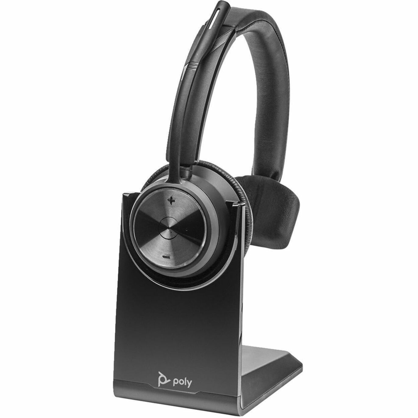 Side angle view of HP Poly wireless headset showing control panel and stand design-alternate-image2