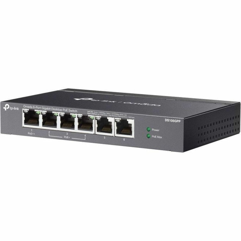 Side angle view of TP-Link Omada DS106GPP switch showing compact design and port layout