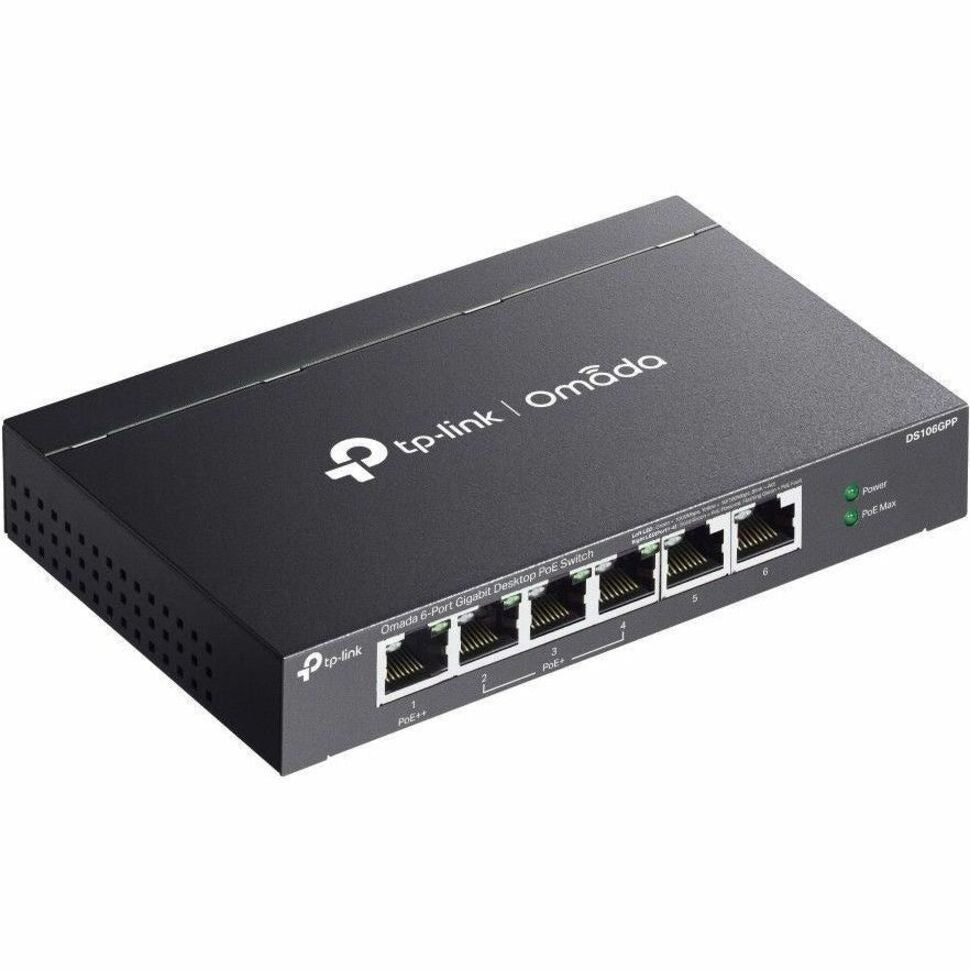 Angled perspective of TP-Link Omada DS106GPP showing port arrangement and build quality-alternate-image4