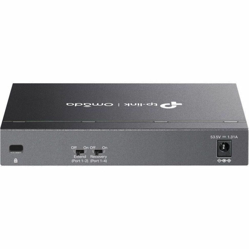 Rear view of TP-Link Omada DS106GPP switch showing power input and management controls