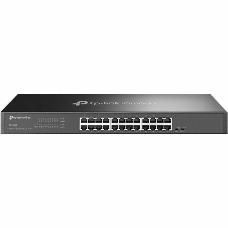 Front view of TP-Link Omada DS1024G 24-port gigabit ethernet switch showing all network ports and LED indicators in black metal housing