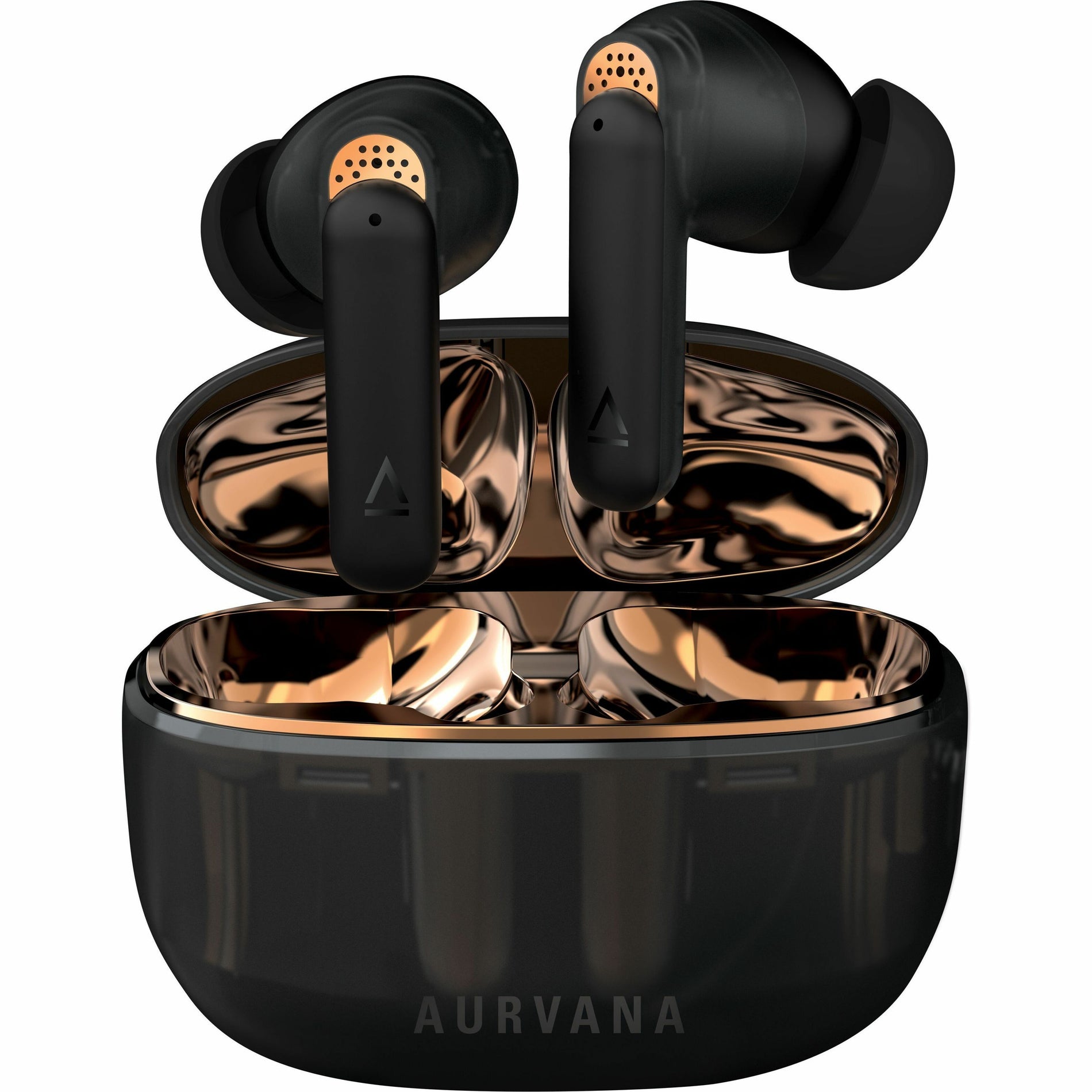 Creative Aurvana Ace 2 wireless earbuds in black with copper accents and charging case - front view-alternate-image1