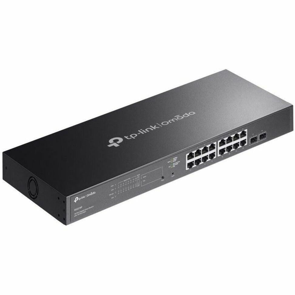 Perspective view of TP-Link Omada SG2218P switch showing compact design and port configuration-alternate-image4