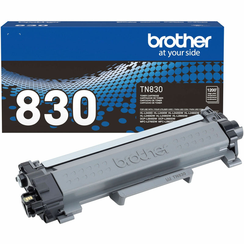 Brother TN830 black toner cartridge with retail packaging showing 1200 page yield