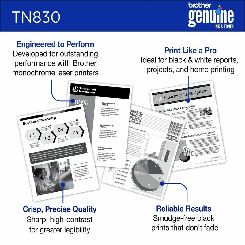 Sample documents showing print quality and business applications of Brother TN830