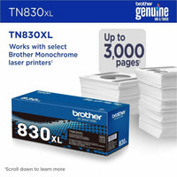 Brother TN830XL toner cartridge with stack of printed pages showing 3000-page yield capacity-alternate-image2