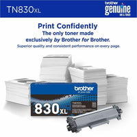 Brother TN830XL toner cartridge with printer and printed pages demonstrating print quality-alternate-image3