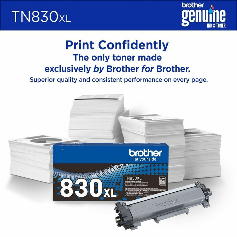 Brother TN830XL toner cartridge with printer and printed pages demonstrating print quality