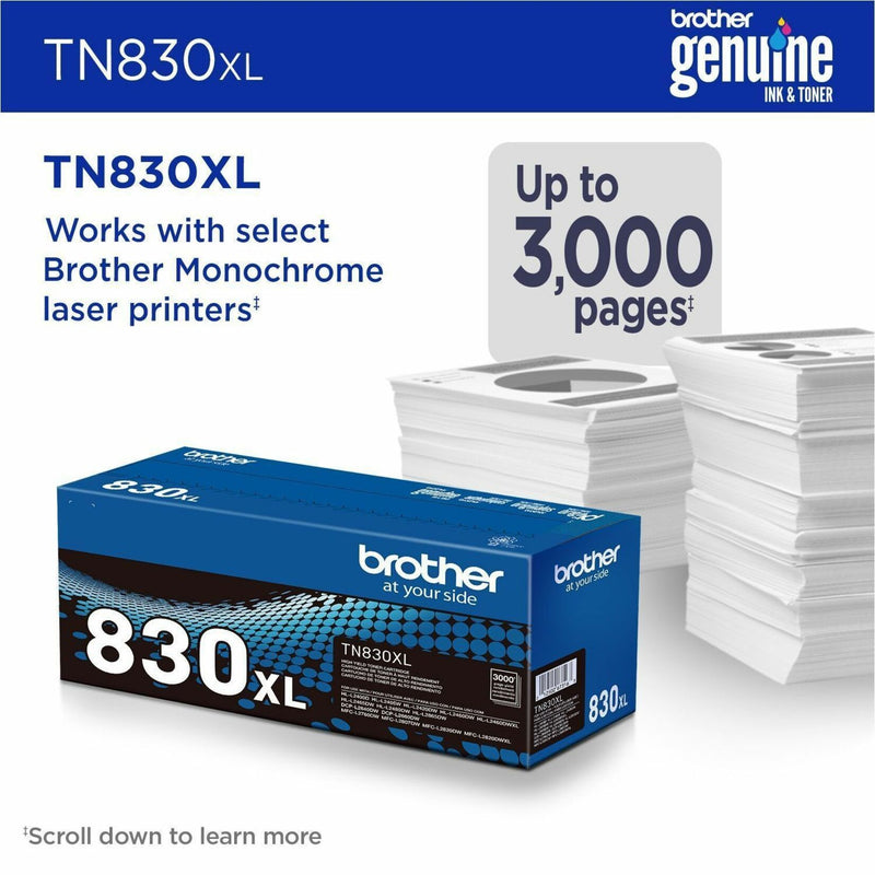 Brother TN830XL toner cartridge with stack of printed pages showing 3000-page yield capacity