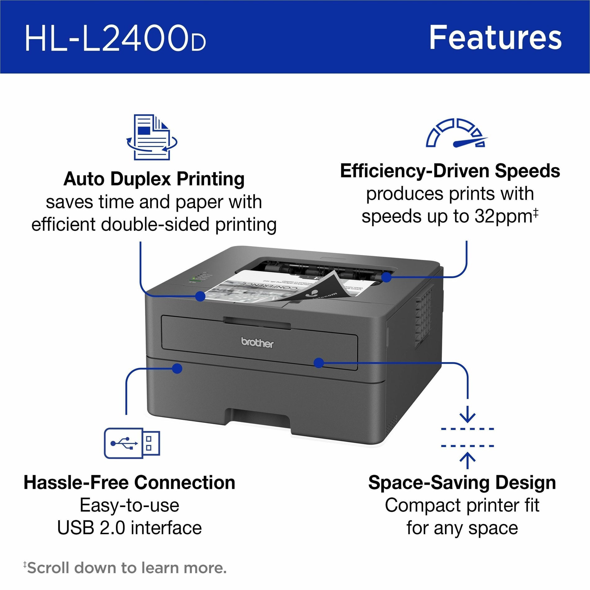 Infographic showing key features of Brother HL-L2400D including auto duplex, print speed, connectivity, and space-saving design-alternate-image2