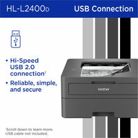 Close-up of Brother HL-L2400D printer highlighting USB connection port-alternate-image6