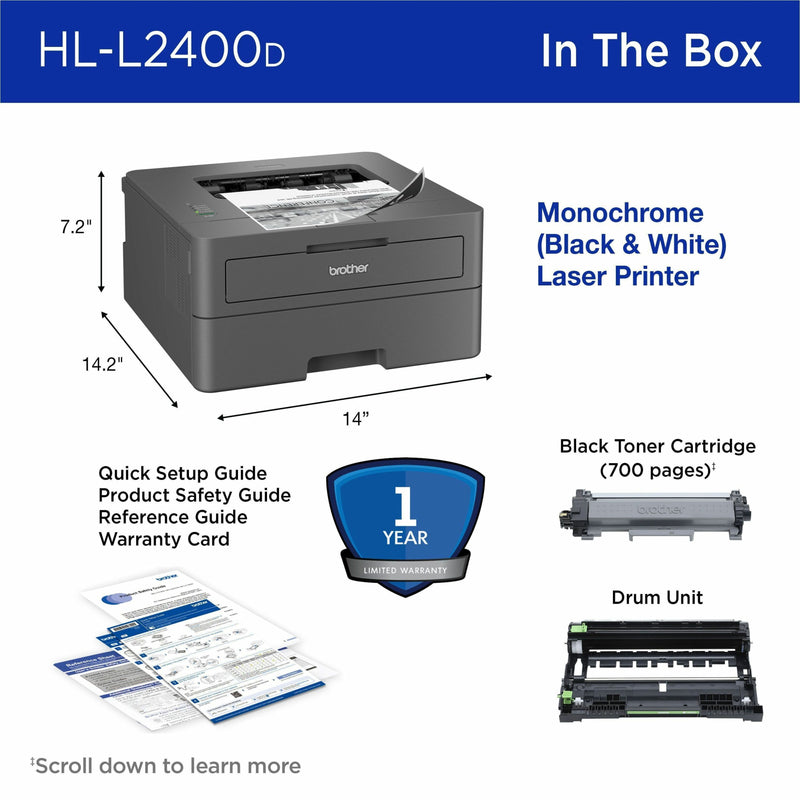 Contents of Brother HL-L2400D printer box including printer, toner, drum unit, and documentation