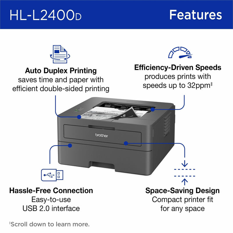 Infographic showing key features of Brother HL-L2400D including auto duplex, print speed, connectivity, and space-saving design