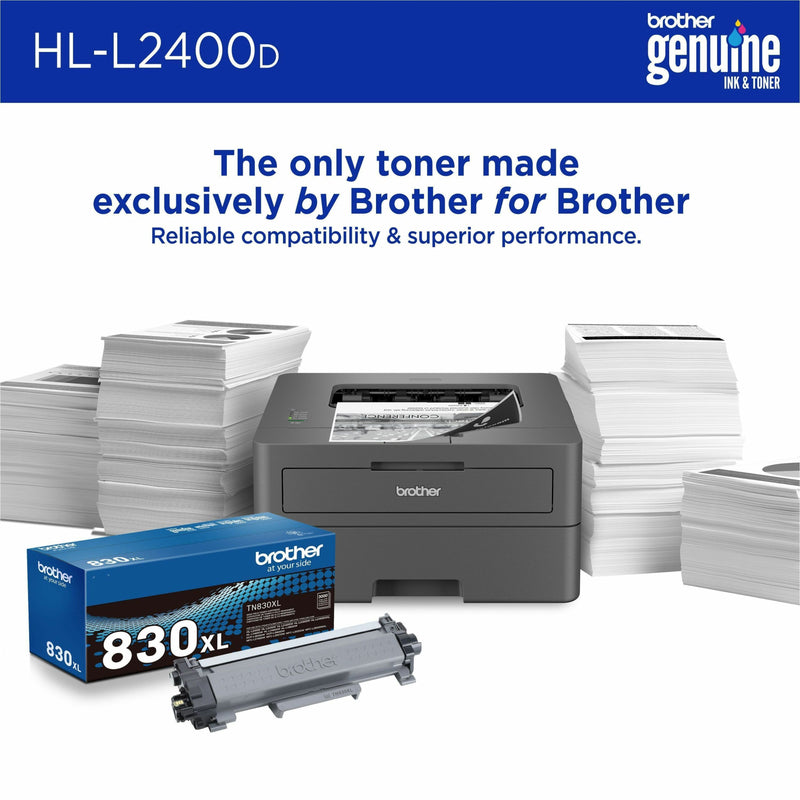 Brother HL-L2400D printer with genuine Brother toner cartridge and stacks of printed papers