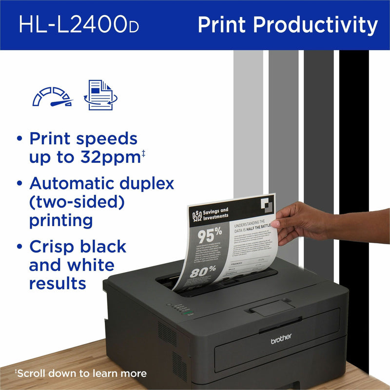 Brother HL-L2400D printer showing print output with crisp black and white text