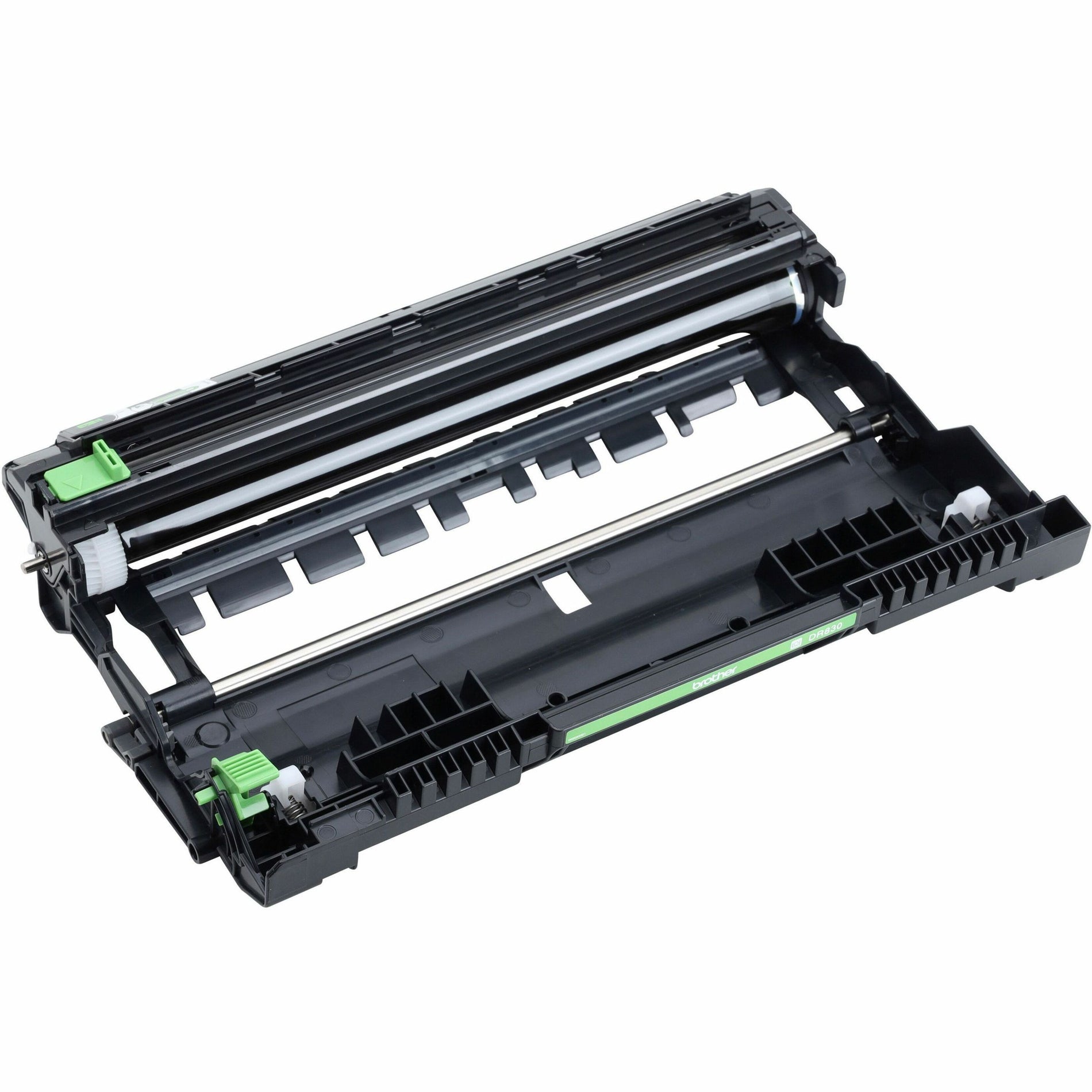 Brother DR830 drum unit showing internal mechanical components and green release tabs-alternate-image1