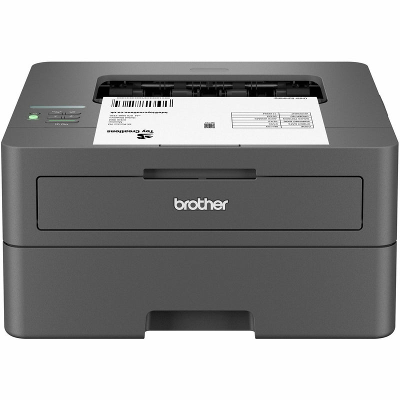 Front view of Brother HL-L2405W printer showing control panel and paper output tray