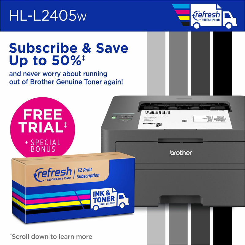 Brother Refresh EZ Print subscription service promotional image with printer