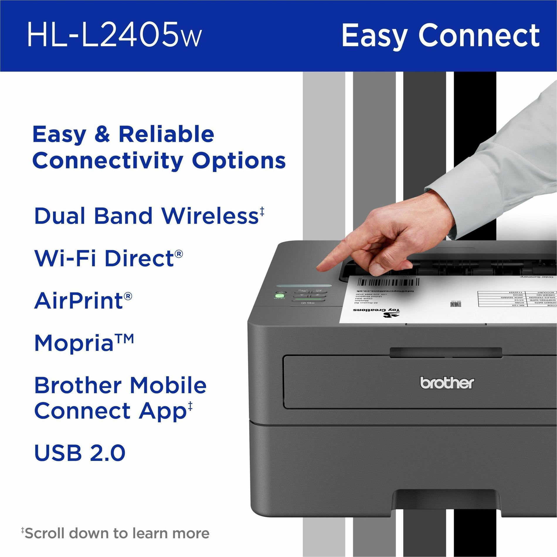哥弟HLL2405W 无线 HL-L2405W 便携式单色激光打印机，工作周期 35000，每月打印量 2500 品牌名称： 哥弟 品牌翻译： Brother