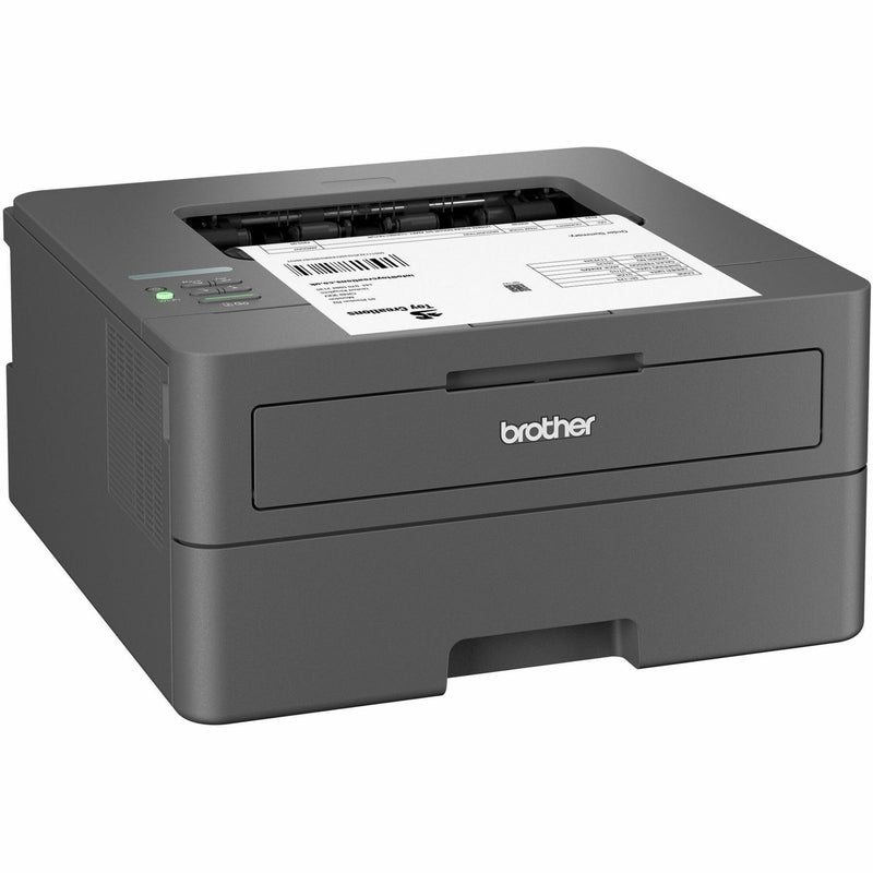 Brother HL-L2405W wireless monochrome laser printer in gray color shown from front angle with paper output