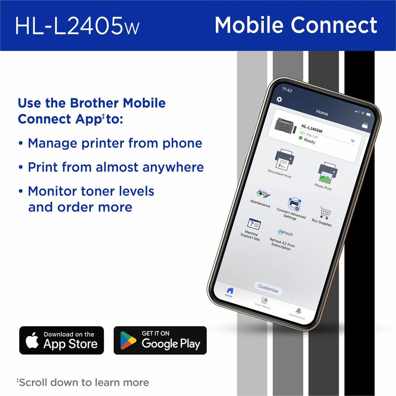 Brother Mobile Connect app interface screenshot with printer features