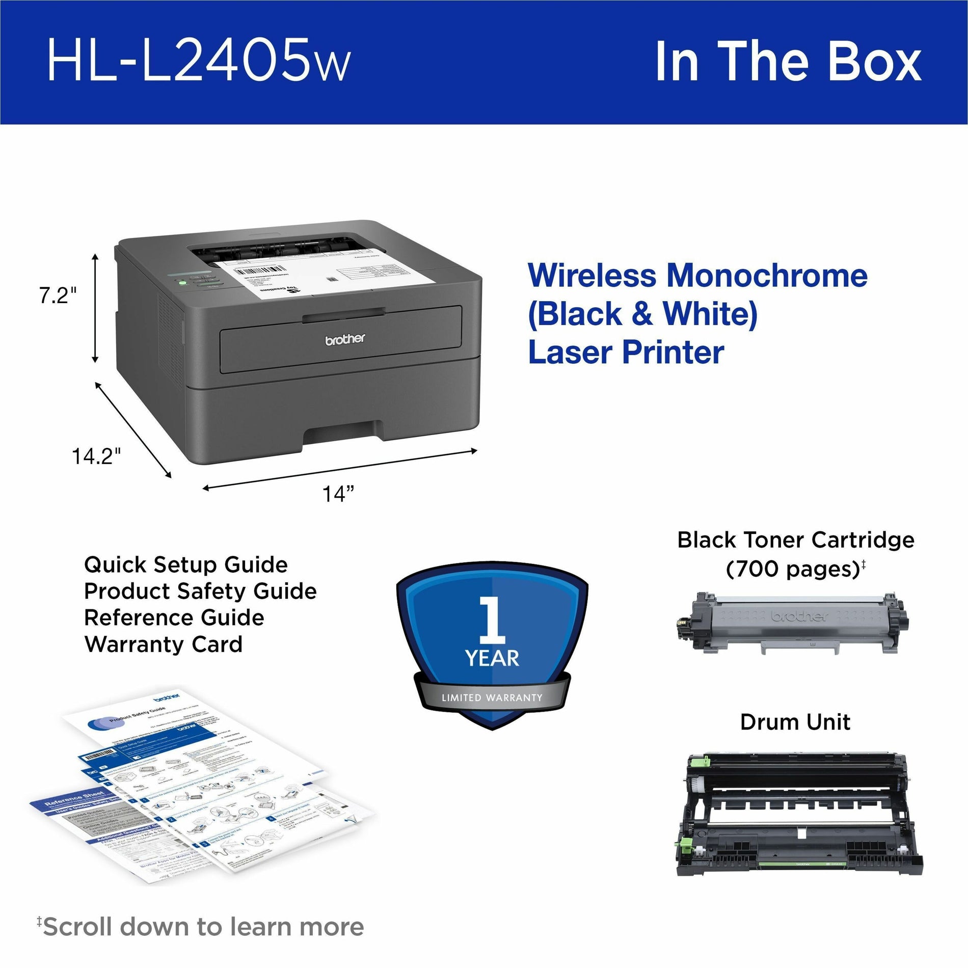 Hermano HLL2405W Inalámbrico HL-L2405W Impresora láser monocroma compacta Ciclo de trabajo 35000 Volumen de impresión mensual de 2500