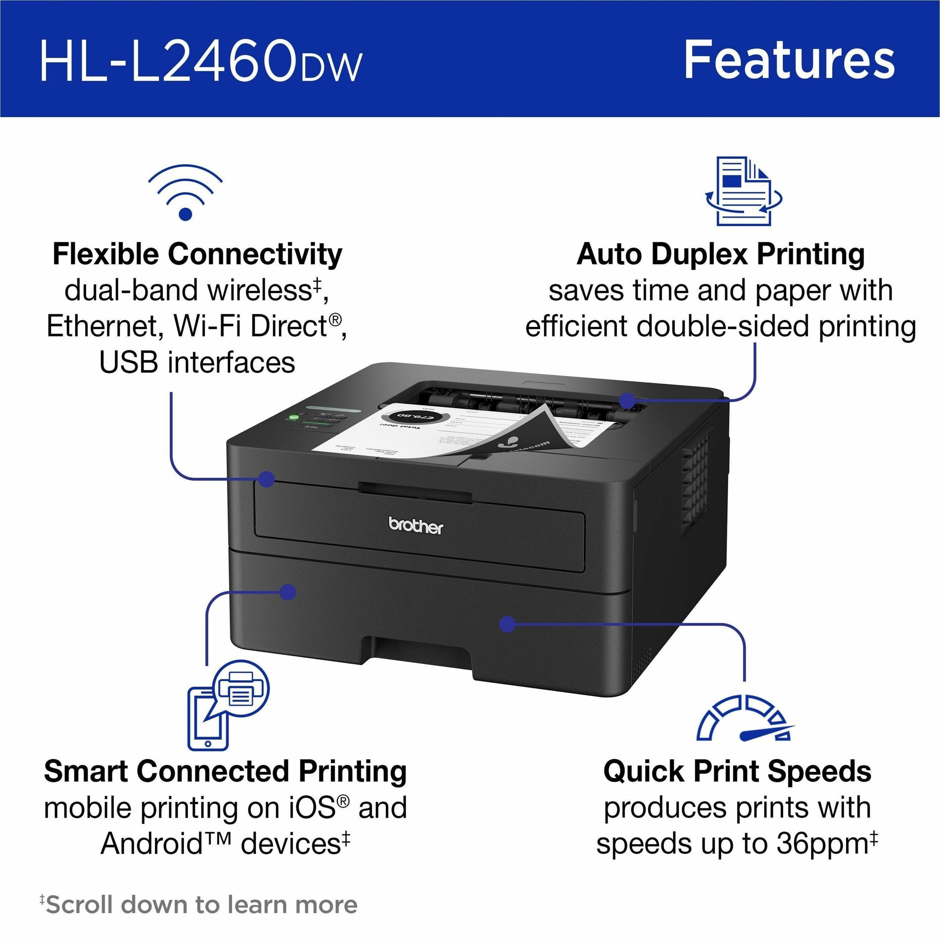 Diagram showing key features and connectivity options of the Brother HL-L2460DW-alternate-image5