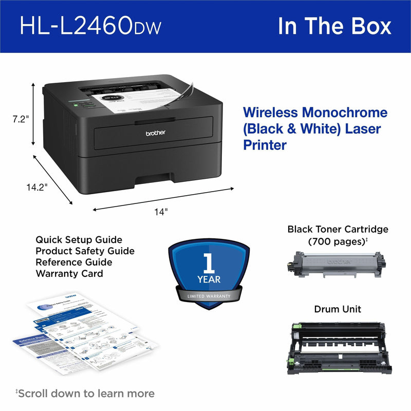 In-the-box contents of Brother HL-L2460DW printer including dimensions and accessories