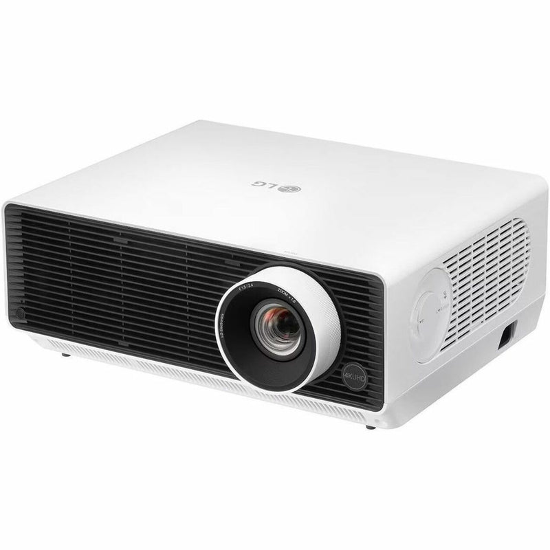 Front view of LG ProBeam BU50RG 4K projector showing white chassis design with black ventilation panel and prominent lens