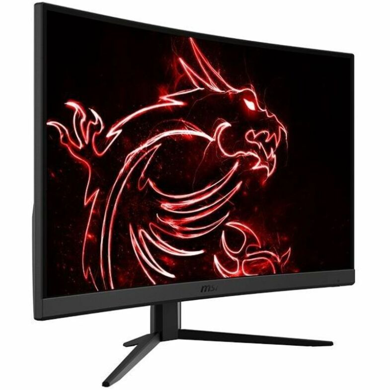 MSI G27C4 E3 gaming monitor displaying red dragon logo against black background, showing curved screen and tripod stand design