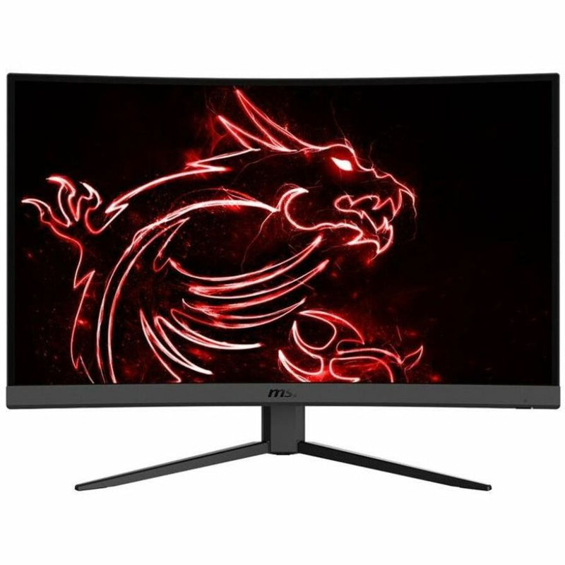 Front view of MSI G27C4 E3 curved gaming monitor showcasing slim bezels and tripod stand with red dragon logo display