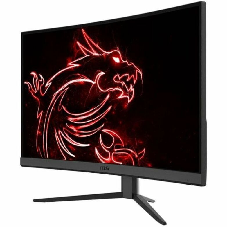 Side view of MSI G27C4 E3 gaming monitor showing curved screen profile and slim bezel design with red dragon display