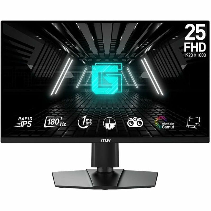 Front view of MSI G255PF E2 gaming monitor displaying technical specifications and features with futuristic blue MSI logo