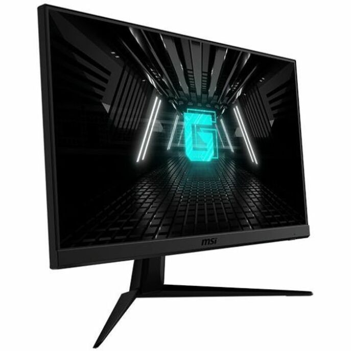 Three-quarter view of MSI G2412F gaming monitor showing slim profile and angular stand design