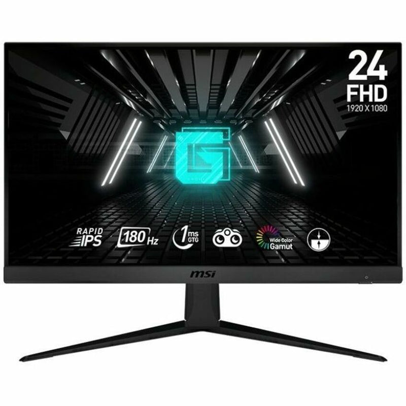 Front view of MSI G2412F 24-inch gaming monitor displaying technical specifications and illuminated G logo against dark background