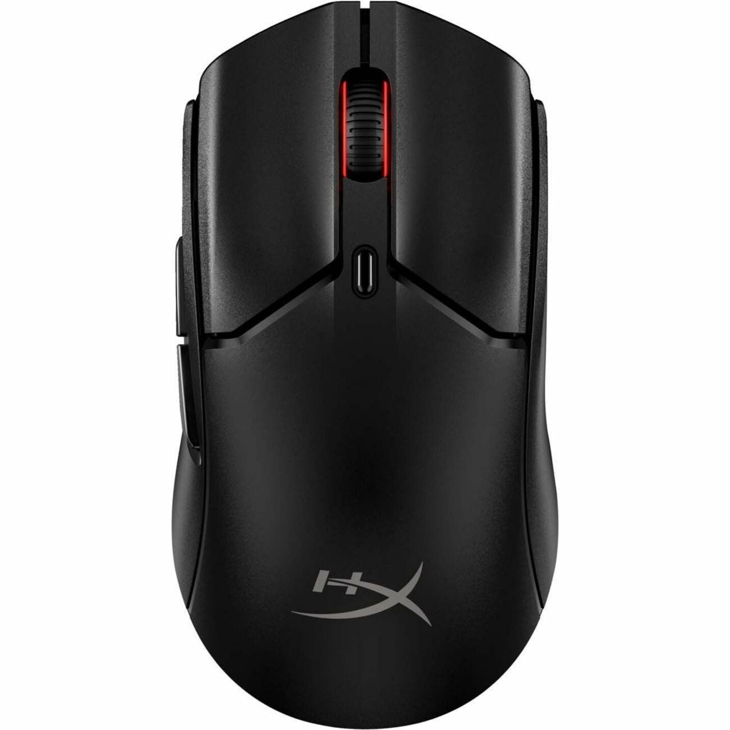 Top view of the HP HyperX Pulsefire Haste 2 Mini Gaming Mouse showing its sleek black design and red-accented scroll wheel-alternate-image1