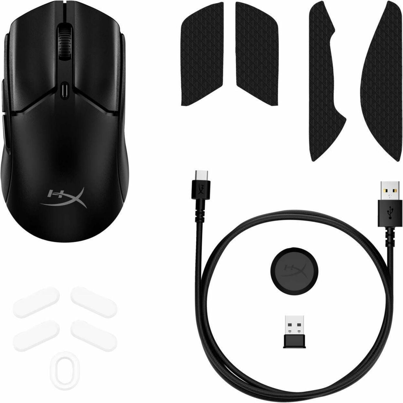 Complete package contents of the HyperX Pulsefire Haste 2 Mini including mouse, grip tape, USB cable, and accessories-alternate-image2