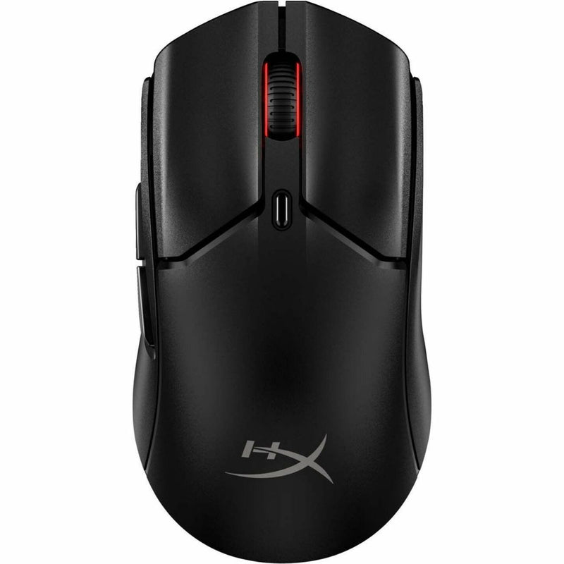 Top view of the HP HyperX Pulsefire Haste 2 Mini Gaming Mouse showing its sleek black design and red-accented scroll wheel