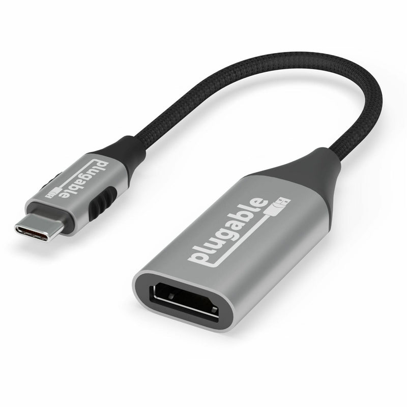 Close-up view of Plugable USB-C to HDMI adapter showing aluminum construction and braided cable