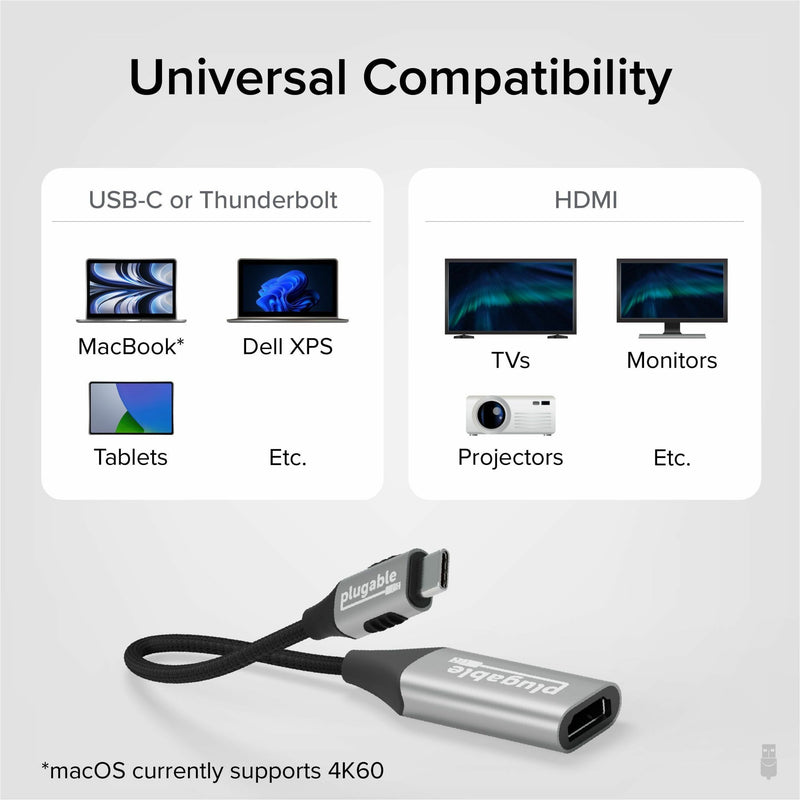 Compatibility chart showing various devices that work with the USB-C to HDMI adapter