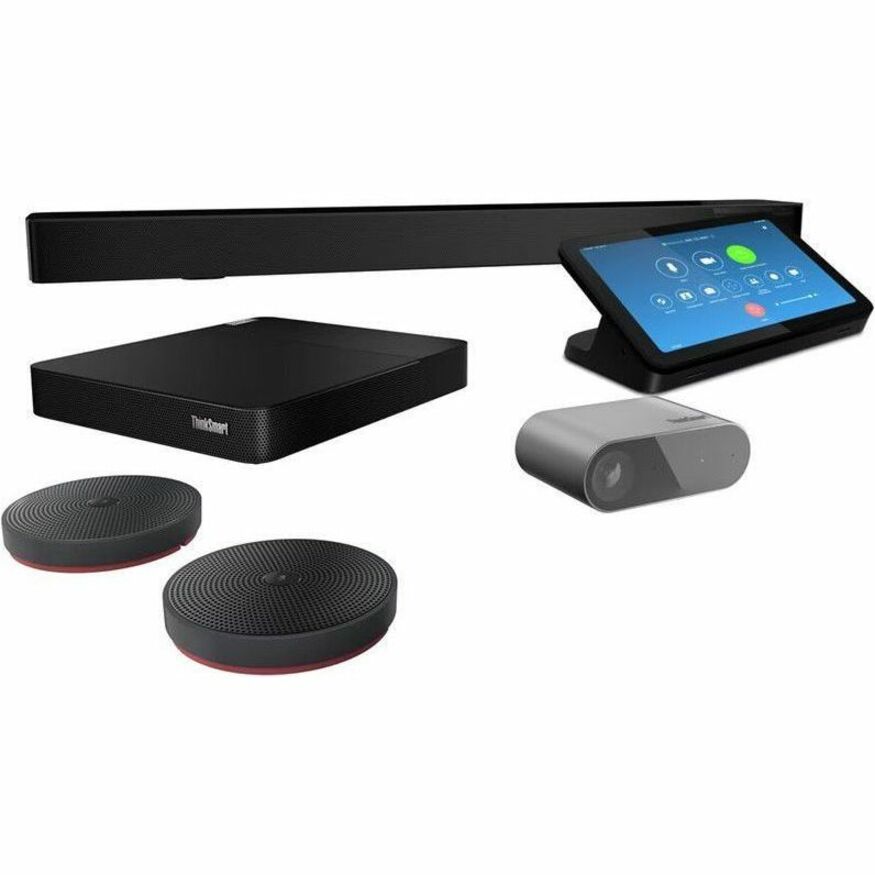 Complete Lenovo ThinkSmart Core system showing compute unit, controller, soundbar, microphones and camera-alternate-image1