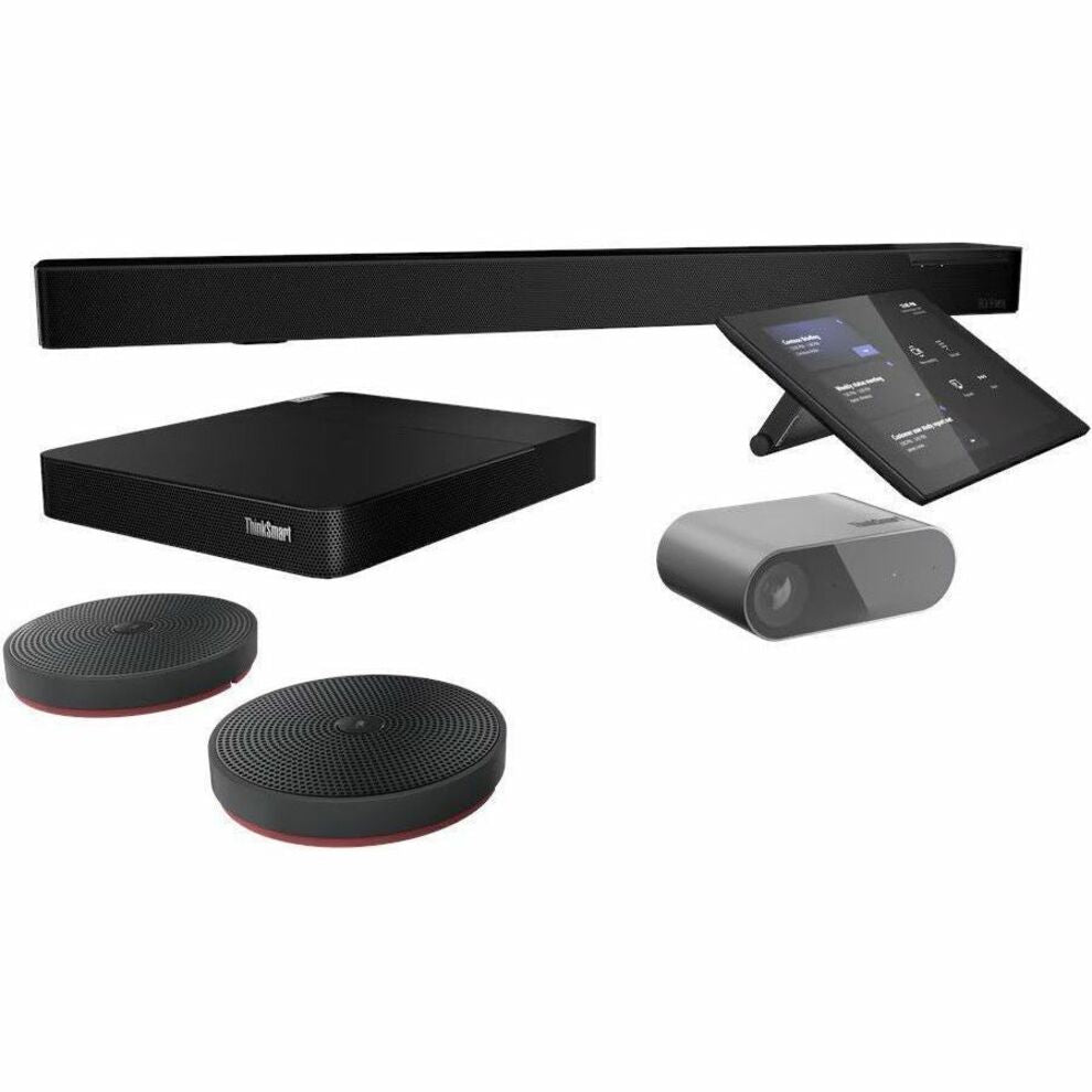 Lenovo ThinkSmart Core complete video conferencing system showing soundbar, computing module, touch controller and camera components-alternate-image1