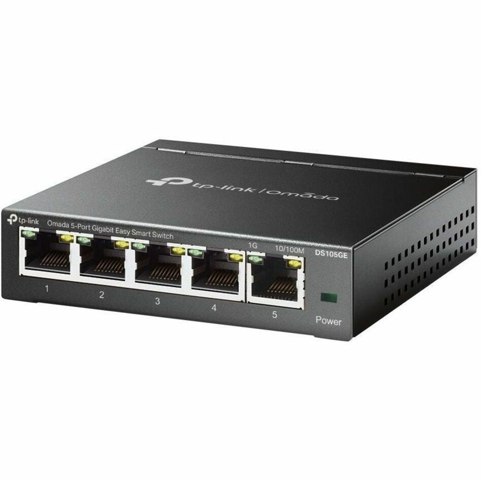 Front view of TP-Link Omada DS105GE 5-port gigabit switch showing five RJ-45 ports and power indicator-alternate-image1