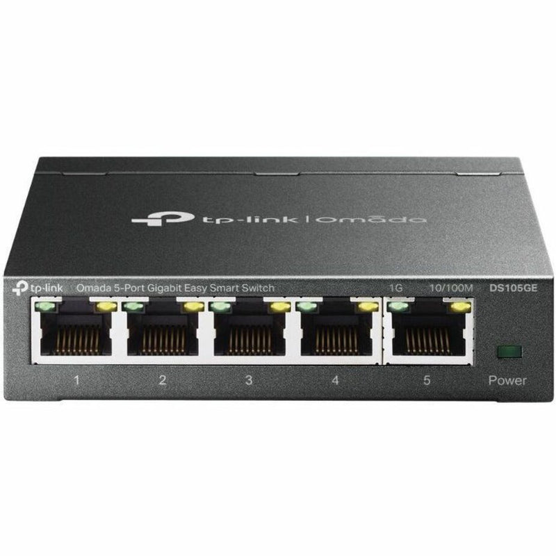 Angled view of TP-Link Omada DS105GE switch showing metal construction and port layout