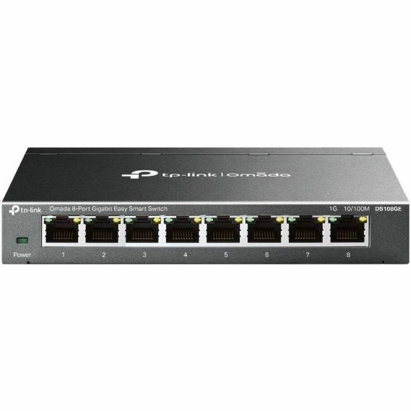 Front view of TP-Link DS108GE Omada 8-port gigabit network switch showing eight RJ-45 ports and power indicator