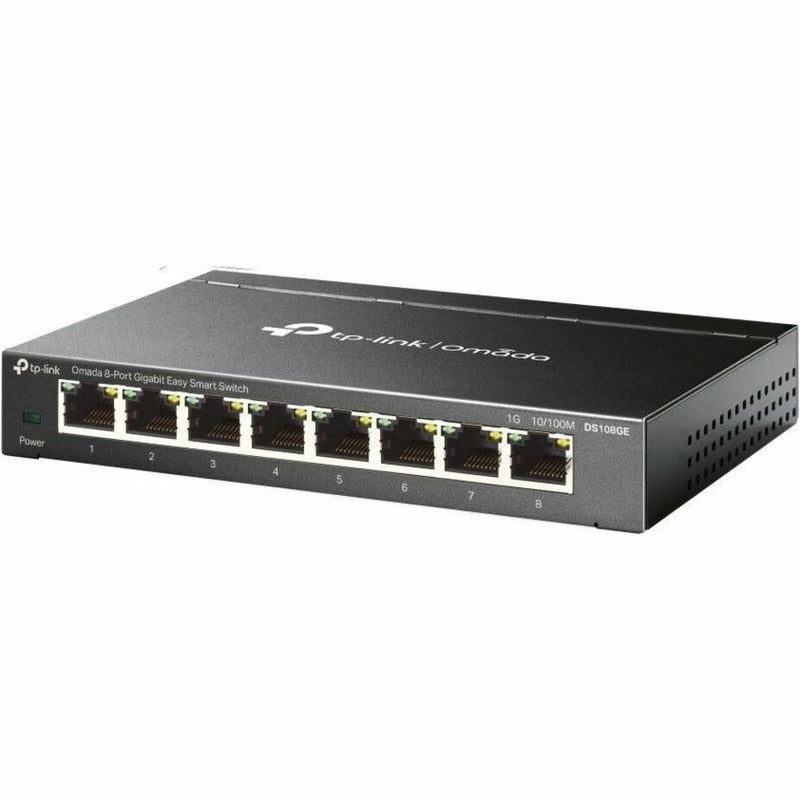 Angled perspective view of TP-Link DS108GE Omada network switch showing metal housing and ventilation design