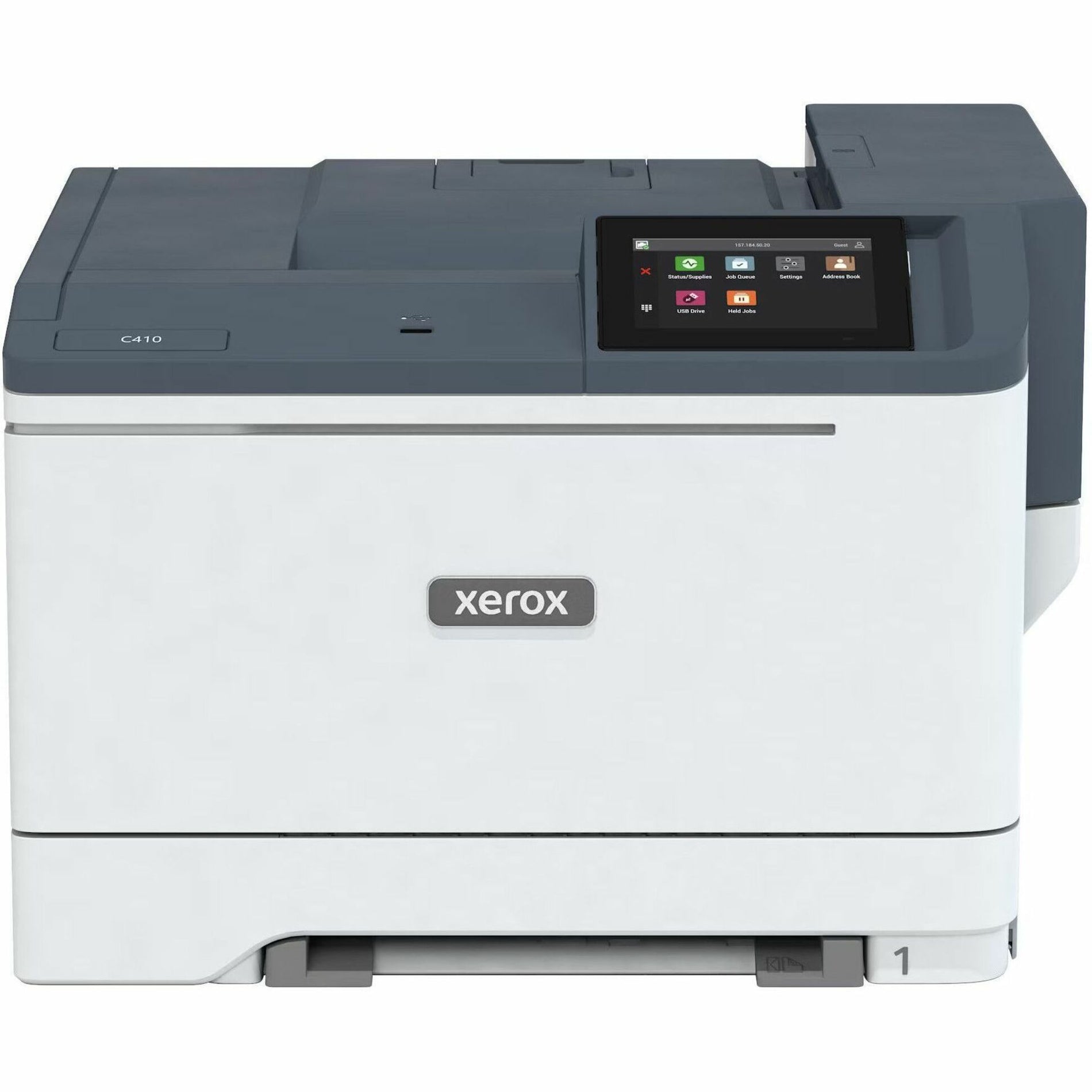 Front view of Xerox C410 color printer showing 5-inch touchscreen interface and modern two-tone design-alternate-image1