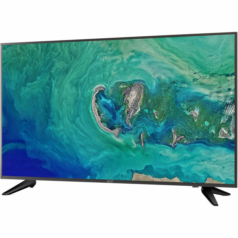 Front view of Acer 43-inch 4K monitor displaying vibrant turquoise and blue ocean scene with black bezels and stand