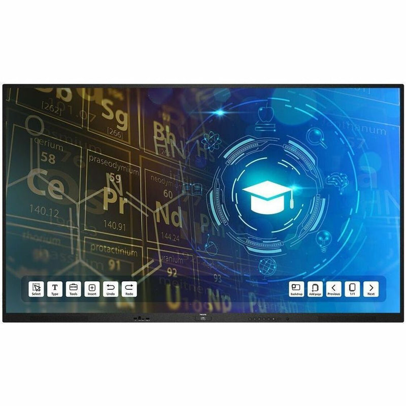 Philips interactive display showing periodic table and educational interface with touch menu controls