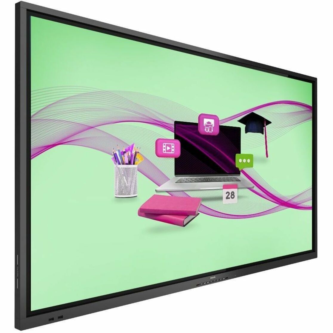 Philips display showing educational workspace with laptop, digital tools, and learning icons on green background-alternate-image2